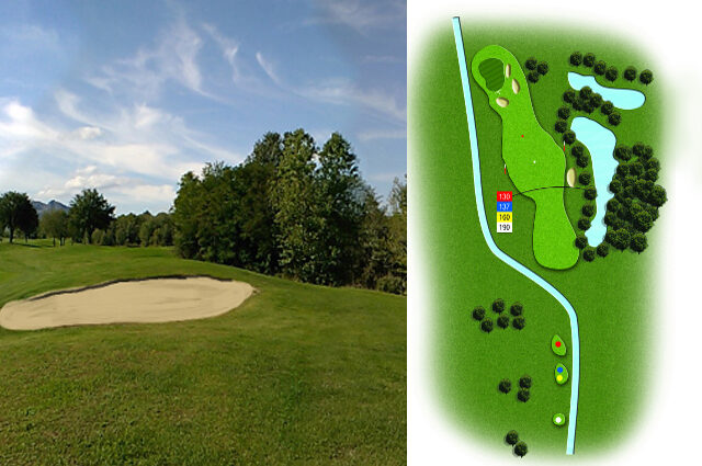 Hole 17 — Two republics in view at Rimini Verucchio Golf Club.