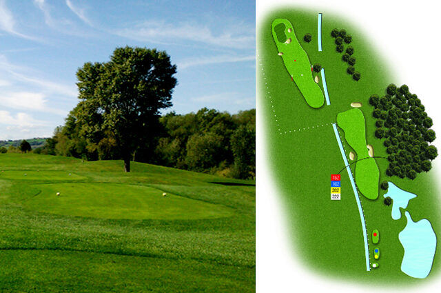 Hole 18 — Grand finale toward the towers at Rimini Verucchio Golf Club.