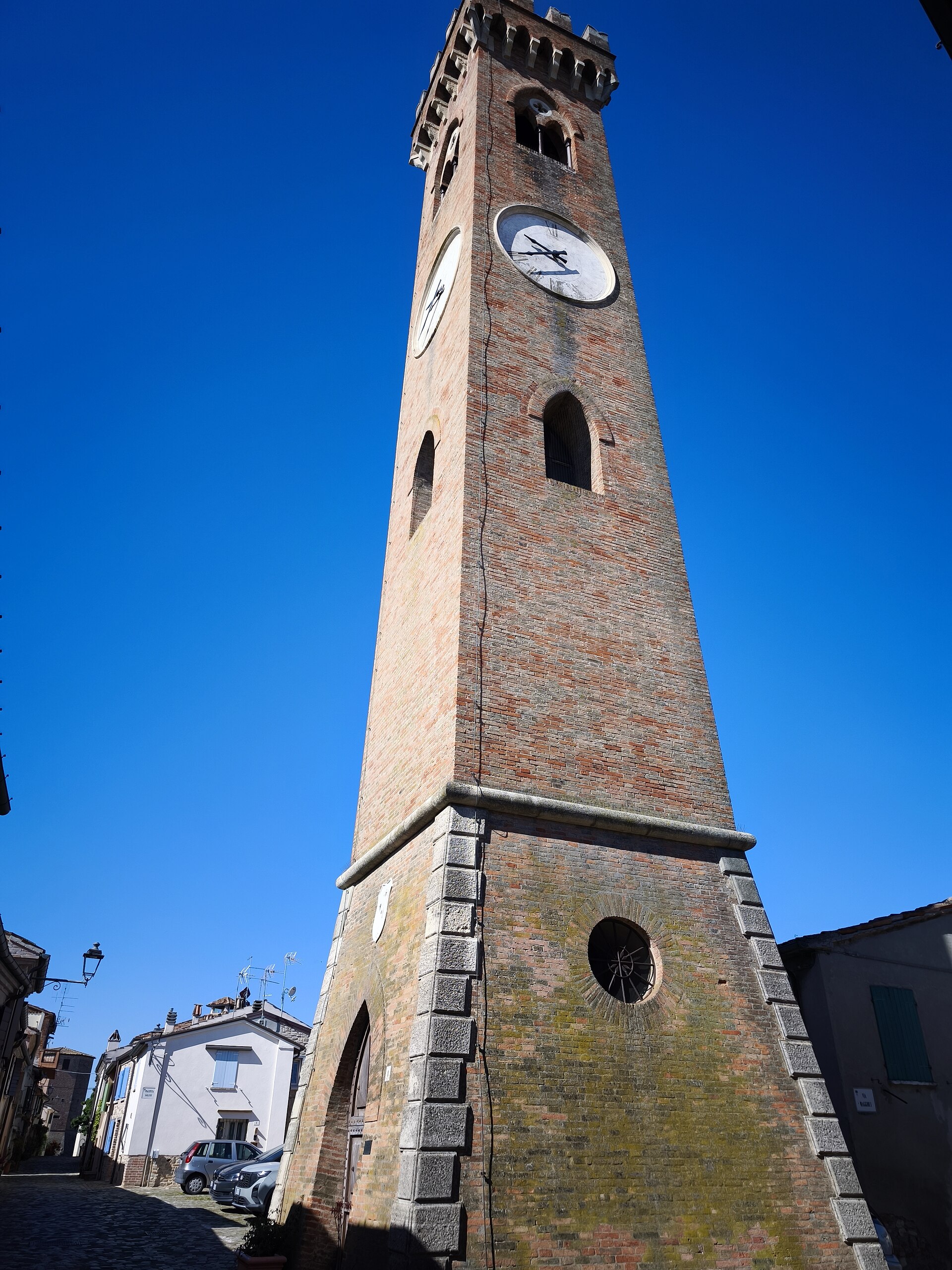 The Torre Civica in the medieval centre of Santarcangelo di Romagna — birthplace of screenwriter Tonino Guerra, in the Valmarecchia near Rimini Verucchio Golf Club.